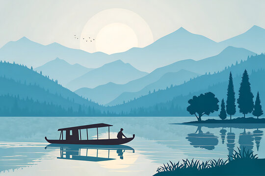 Dal Lake Kashmir shikara boat, minimalist modern vector illustration, serene lake scenery, flat colors, modern travel aesthetic