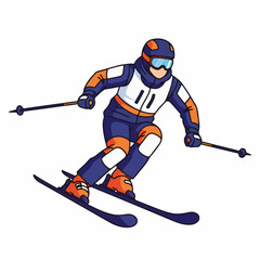 Obraz premium A cartoon skier in a blue, white, and orange suit descends a snowy slope