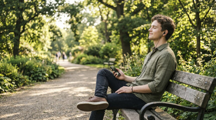Obraz premium Young Man Relaxing in Park with Digital Detox Phone. Enjoying music, disconnecting from screens, embracing nature and self-care.