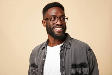 Obraz premium The Smiling Young Man Wearing Glasses in a Casual Denim Shirt Looking Away