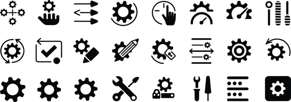 Grid of Gears Tools and Process Icons for Business and Technology cogwheel wrench
