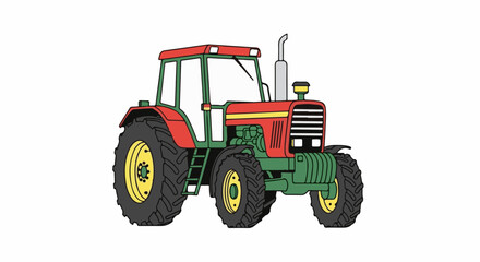 Naklejka premium A cartoon tractor with red body, green frame, and yellow wheels