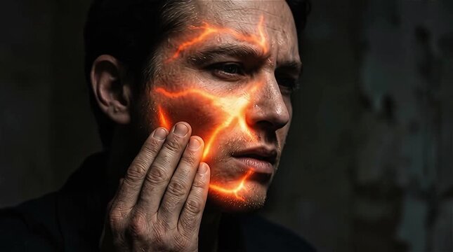 Man Holding Jaw in Severe Toothache Pain with Glowing Lightning Pain Effect on Face Showing Dental Pain Jaw Ache and Trigeminal Neuralgia on Dark Background