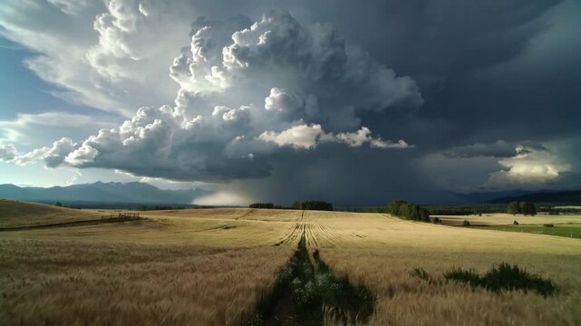 Forming storm cloud with updrafts rising, darkening sky over wheat field and dirt track with rain