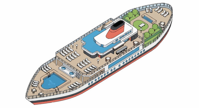 Aerial view of a large cruise ship with swimming pools and lounge chairs on deck.