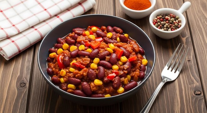Chili con carne with red kidney beans and corn in a dark bowl on wood