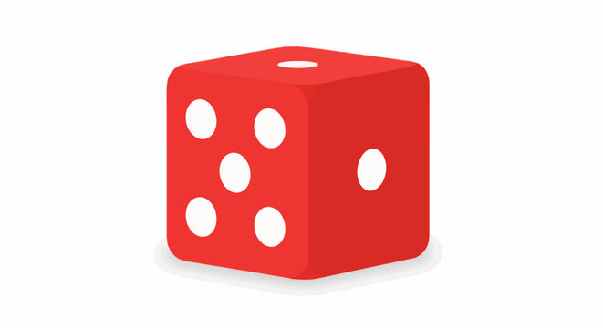 A bright red, six-sided game cube with white dots showing faces three, five, and one
