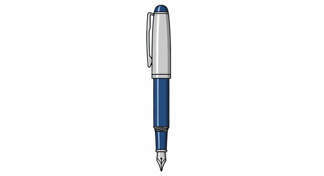 A blue and silver fountain pen with a pointed nib and a clip on its cap