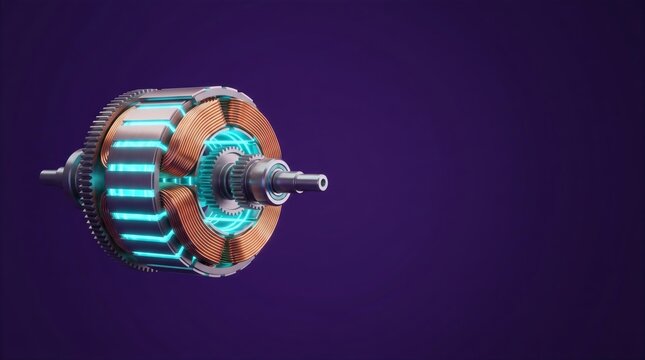 3D Electric Motor with Copper Coils Deep Purple Copy Space