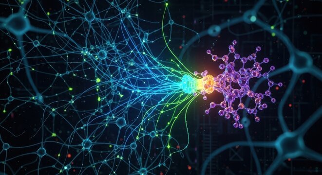 Abstract visualization of neural network connectivity and data processing nodes