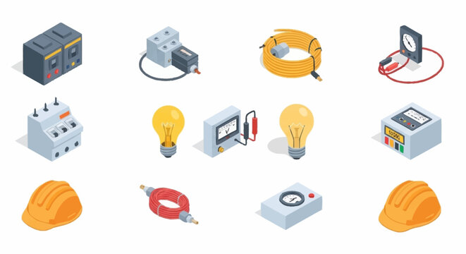 Collection of isometric electrical equipment and tools for industry and construction.