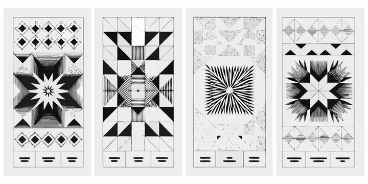Geometric quilt patterns black and white vector illustrations on white background