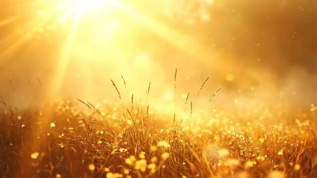 Golden sunlight shines over a field of tall grass and small flowers
