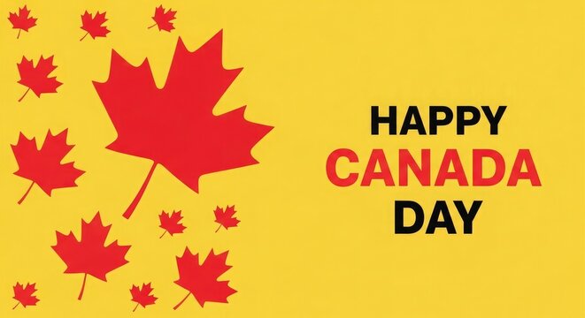 Canada day celebration red maple leaves and festive greeting on yellow background