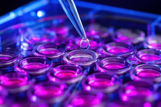 The Pipette Dropping a Pink Reagent into Multiwell Microplate under Blue Lighting
