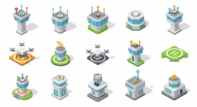 Collection of isometric airport control towers and drone landing pads, representing aviation and air traffic control.