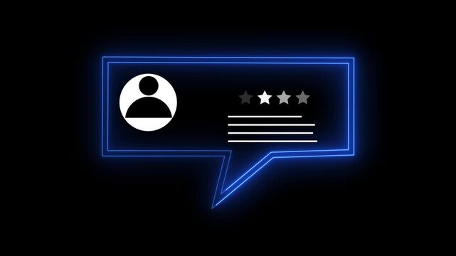 Real customer testimonial animation with neon blue speech bubble frame and rating stars isolated on black background.