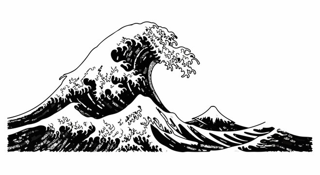 Powerful ocean wave crashing with distant mountain under a white sky