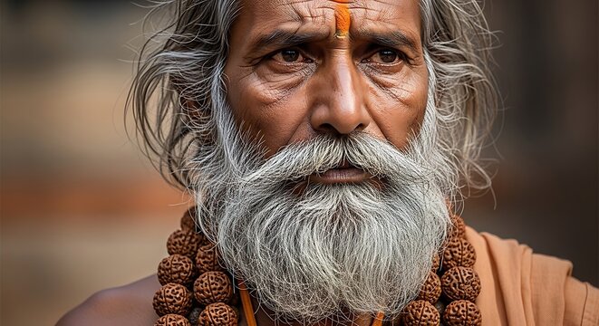 Portrait of a senior Hindu holy man with white beard and beads in India