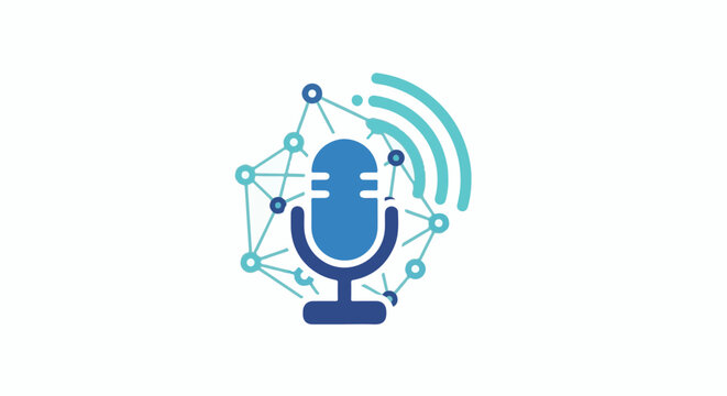 A blue microphone is depicted with a connecting network around it and broadcast waves