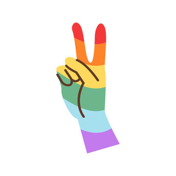 Rainbow pride peace sign hand gesture isolated on white. Retro aesthetic v-sign illustration with rainbow flag colors for LGBTQ pride month, queer peace, inclusive social media stickers. Vector.