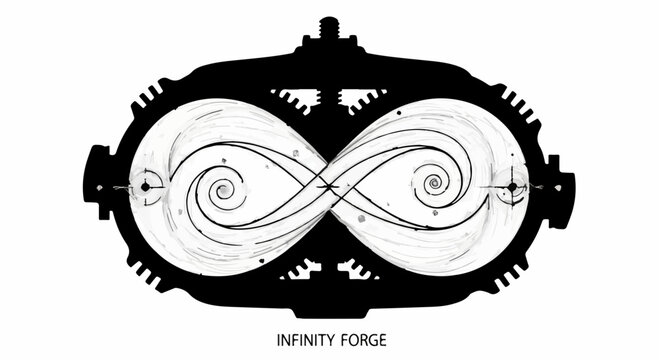 Abstract visualization of an infinity symbol within a stylized machine, representing endless creation.