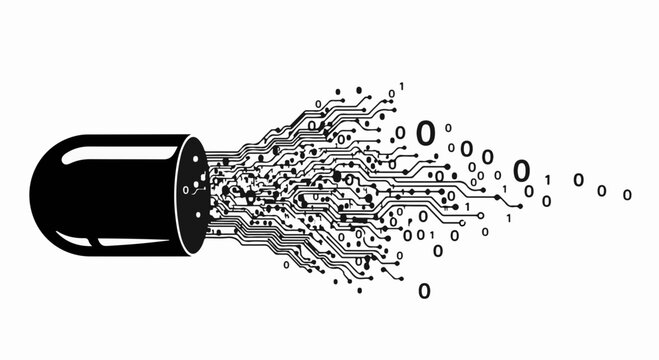 Digital information exploding from a pill capsule, representing data medicine or technology