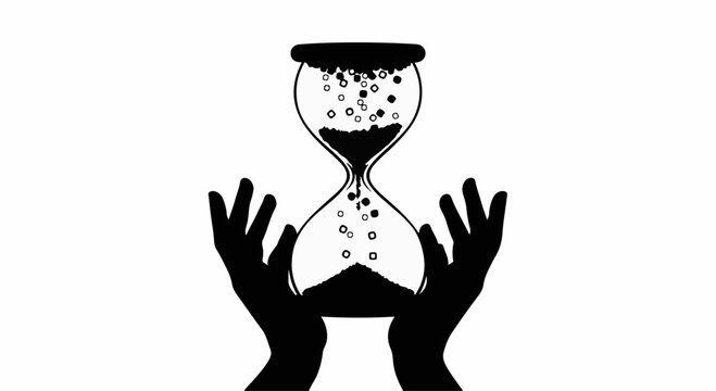 Hands holding an hourglass with sand flowing, symbolizing the passage of time.