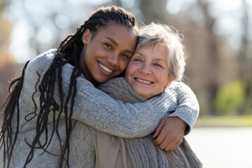 Fototapeta premium The Two Women Embracing in a Warm Multigenerational Family Moment Outdoors