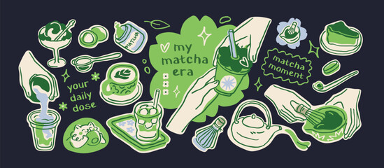 Matcha, Asian green drink set. Japanese beverage from whipped powder. Japan tea, latte in cup, cold lemonade in glass. Hand-drawn doodle style tools, whisk, pot. Isolated flat vector illustrations