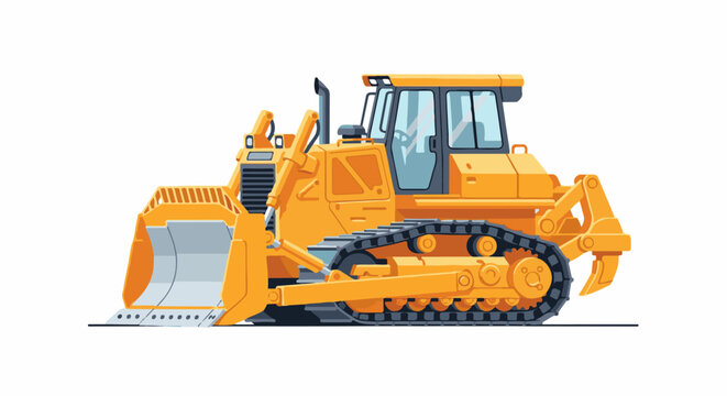 A bright yellow, heavy-duty bulldozer sits ready for work against a clean white background
