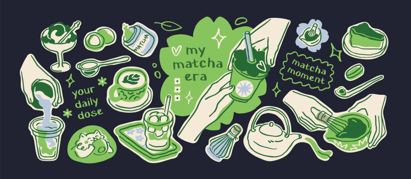 Matcha, Asian green drink set. Japanese beverage from whipped powder. Japan tea, latte in cup, cold lemonade in glass. Hand-drawn doodle style tools, whisk, pot. Isolated flat vector illustrations