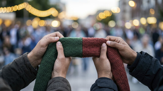 Diverse hands holding a dual heritage knitted scarf, symbolizing unity and shared passion for football among fans.