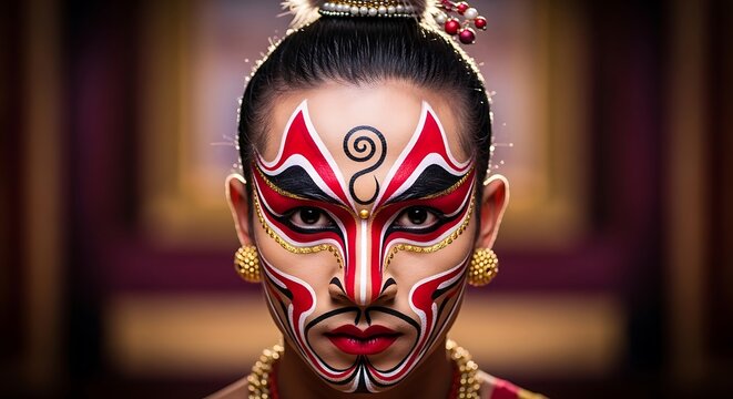 Portrait of an Asian performer with traditional Chinese opera makeup
