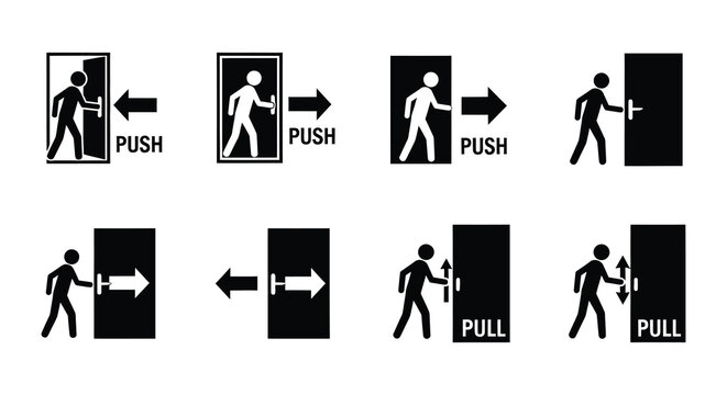 Door icons depicting push pull open and close actions flat vector style