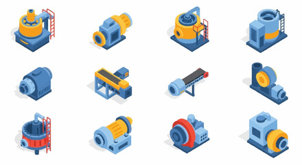 Collection of isometric industrial machinery and equipment icons, representing various manufacturing and processing units. © Syakilla