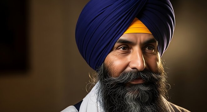 Portrait of an elderly Indian man with a beard wearing a blue turban