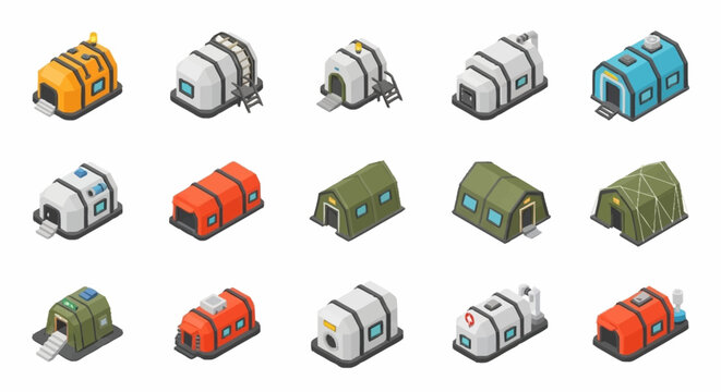 Collection of isometric icons representing various types of tents and temporary shelters, suitable for camping, disaster relief, or military use.