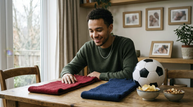 Smiling Young Man Choosing Between Red and Blue Football Scarves at Home, Celebrating Dual Heritage.