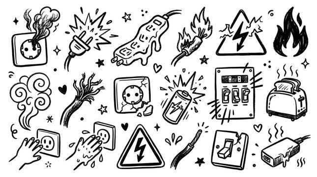 Various hand-drawn electrical safety icons illustrate common household hazards like overloaded outlets, frayed wires, and exposed circuits on a white background