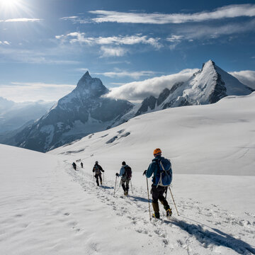 Switzerlalnd, Mountaineers heading to Matterhorn and Dent d'Herens