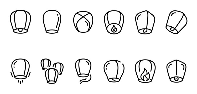 Collection of various outline sky lantern icons, depicting different shapes and states of floating lanterns on a clean white background