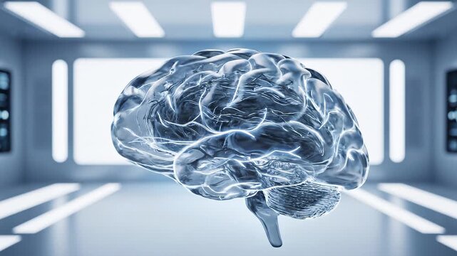 Transparent glowing digital brain floating in futuristic technology laboratory