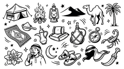 Obraz premium Hand-drawn black and white desert travel icons including a camel, tent, palm tree, and traditional items on a clean background