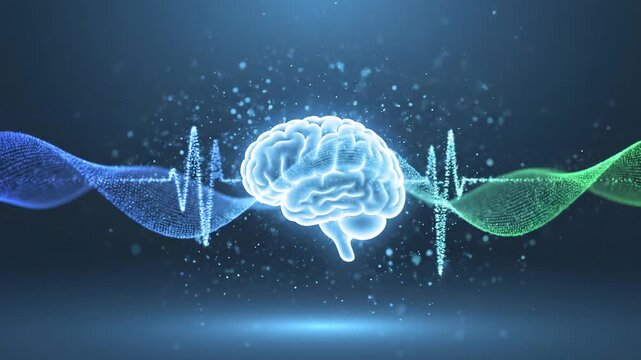 Glowing human brain with digital brainwave pulse for neuroscience technology