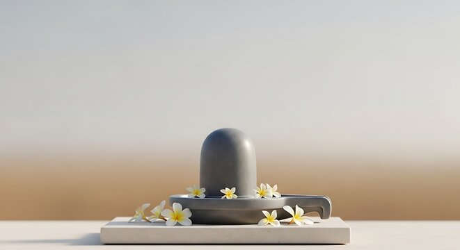 Shiva Lingam stone statue decorated with plumeria flowers for ritual