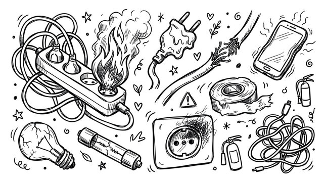 Dangerous electrical equipment with a burning power strip and other damaged items in a hand-drawn doodle style illustration