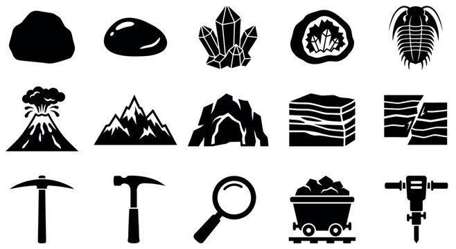 Comprehensive set of black silhouette geology and mining icons, including rocks, crystals, fossils, mountains, and tools, on a clean white background