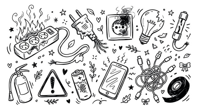 Various hand-drawn electrical safety hazards and electronic items, including a burning power strip and broken lightbulb, on a white background