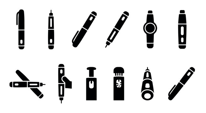 Collection of various black silhouette insulin pens and medical injection devices arranged neatly on a clean white background